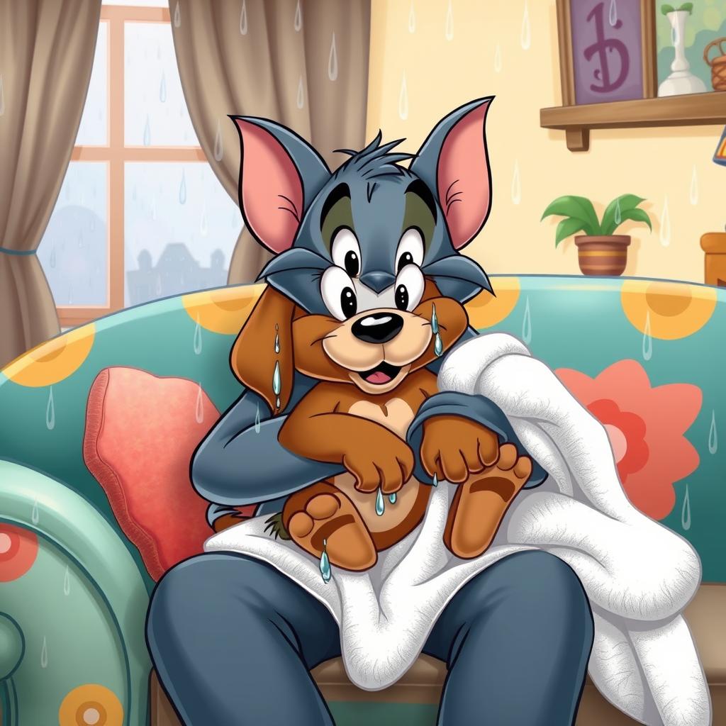 In the whimsical style of Tom and Jerry, a brown puppy drenched from the rain is cradled in the arms of its owner, who is seated on a vibrant and cozy sofa