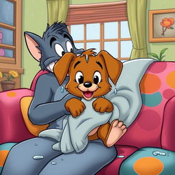 In the whimsical style of Tom and Jerry, a brown puppy drenched from the rain is cradled in the arms of its owner, who is seated on a vibrant and cozy sofa