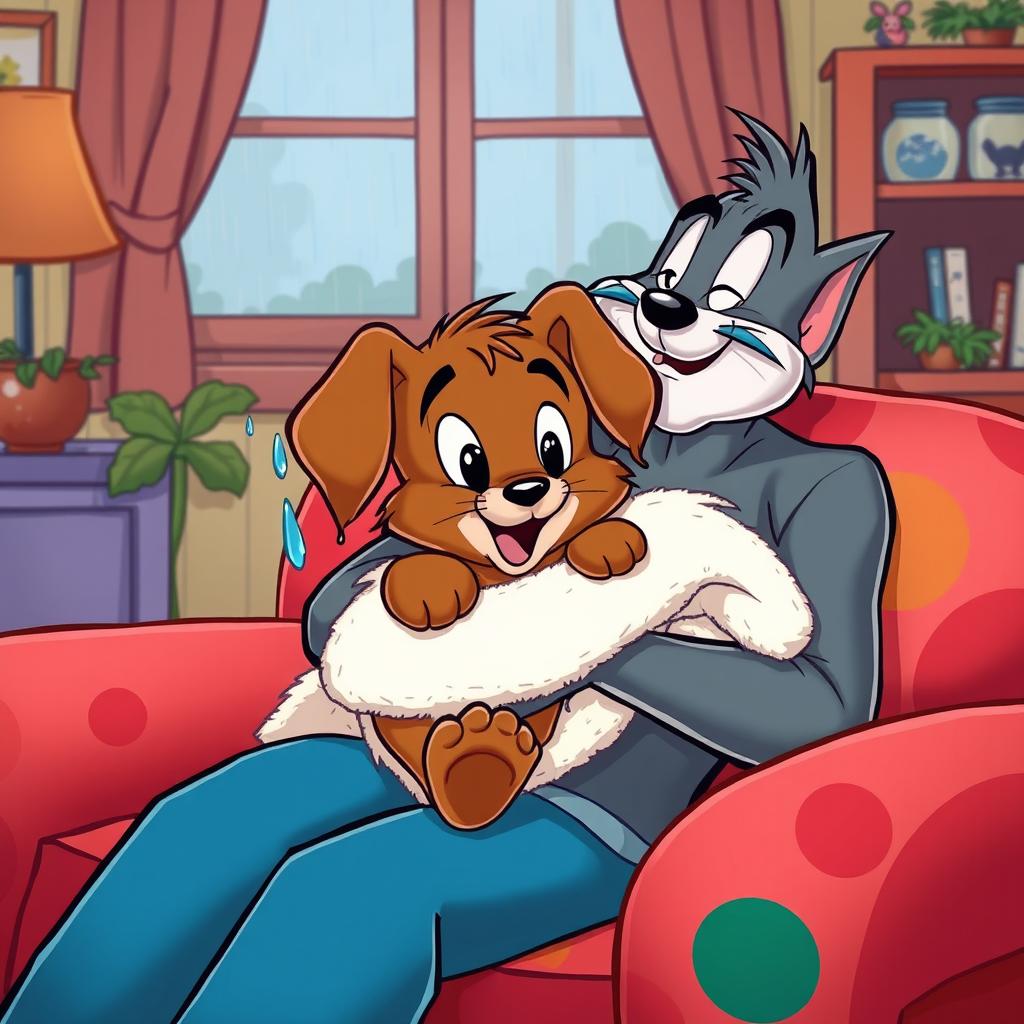 In the whimsical style of Tom and Jerry, a brown puppy drenched from the rain is cradled in the arms of its owner, who is seated on a vibrant and cozy sofa