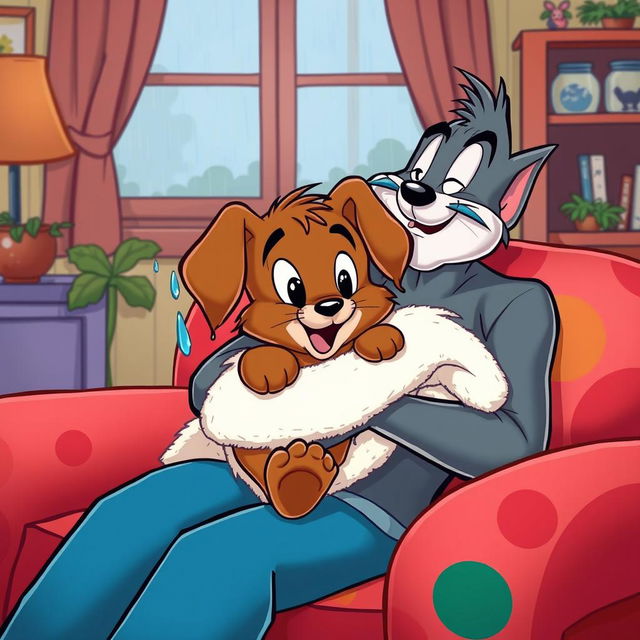 In the whimsical style of Tom and Jerry, a brown puppy drenched from the rain is cradled in the arms of its owner, who is seated on a vibrant and cozy sofa