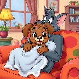 In the whimsical style of Tom and Jerry, a brown puppy drenched from the rain is cradled in the arms of its owner, who is seated on a vibrant and cozy sofa