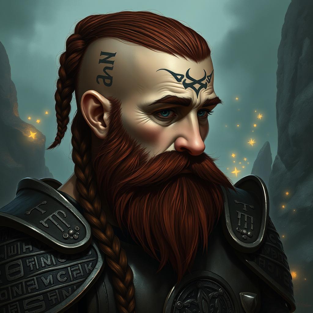 A tall dwarf with dark reddish-brown, slightly braided shaved hair and a braided beard, wearing ornate Viking armor without a helmet