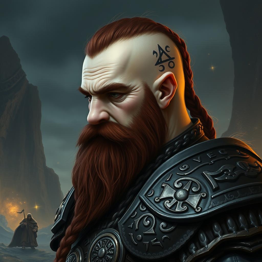 A tall dwarf with dark reddish-brown, slightly braided shaved hair and a braided beard, wearing ornate Viking armor without a helmet