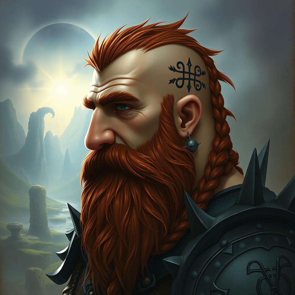 A tall dwarf with dark reddish-brown, slightly braided shaved hair and a braided beard, dressed in spiked Viking armor without a helmet