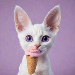 Design a charming cat with oversized ears and mesmerizing purple eyes, a small nose, relishing a colorful scoop of rainbow ice cream.