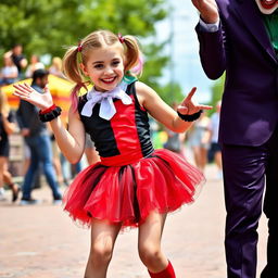 A young girl styled as Harley Quinn, wearing a playful micro skirt in red and black, playfully interacting with a man dressed as another character, possibly the Joker