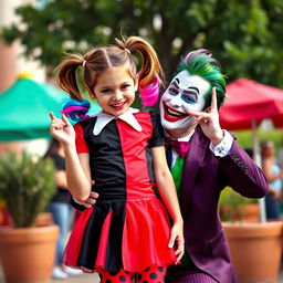 A young girl styled as Harley Quinn, wearing a playful micro skirt in red and black, playfully interacting with a man dressed as another character, possibly the Joker