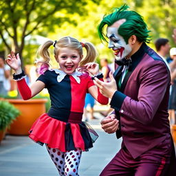 A young girl styled as Harley Quinn, wearing a playful micro skirt in red and black, playfully interacting with a man dressed as another character, possibly the Joker