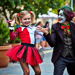 A young girl styled as Harley Quinn, wearing a playful micro skirt in red and black, playfully interacting with a man dressed as another character, possibly the Joker