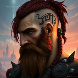 A tall dwarf with dark reddish-brown, slightly braided shaved hair and a braided beard, adorned in spiked Viking armor without a helmet