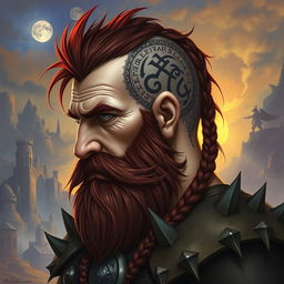 A tall dwarf with dark reddish-brown, slightly braided shaved hair and a braided beard, adorned in spiked Viking armor without a helmet