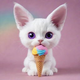 Design a charming cat with oversized ears and mesmerizing purple eyes, a small nose, relishing a colorful scoop of rainbow ice cream.