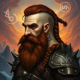 A tall dwarf with dark reddish-brown, slightly braided shaved hair and a braided beard, clad in spiked Viking armor without a helmet