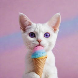 Design a charming cat with oversized ears and mesmerizing purple eyes, a small nose, relishing a colorful scoop of rainbow ice cream.