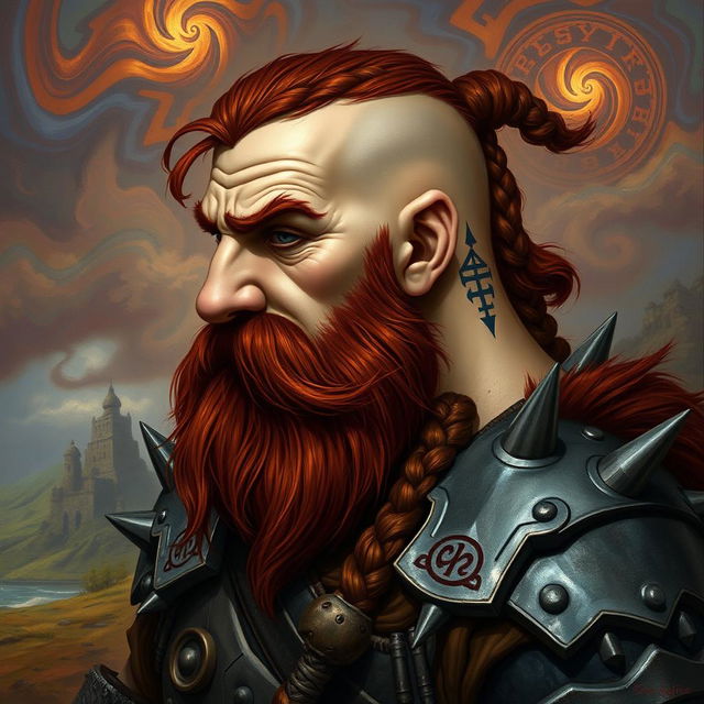 A tall dwarf with dark reddish-brown, slightly braided shaved hair and a braided beard, clad in spiked Viking armor without a helmet