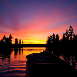 A beautiful sunset over a serene lake, with silhouettes of tall pine trees lining the shore