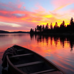 A beautiful sunset over a serene lake, with silhouettes of tall pine trees lining the shore