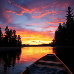 A beautiful sunset over a serene lake, with silhouettes of tall pine trees lining the shore