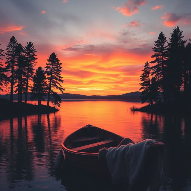 A beautiful sunset over a serene lake, with silhouettes of tall pine trees lining the shore