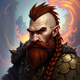 A tall dwarf with dark reddish-brown, slightly braided shaved hair and a braided beard, wearing spiked Viking armor without a helmet