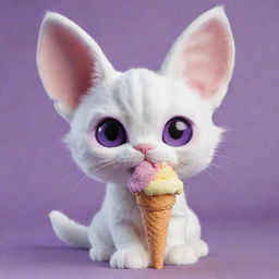 Design a charming cat with oversized ears and mesmerizing purple eyes, a small nose, relishing a colorful scoop of rainbow ice cream.