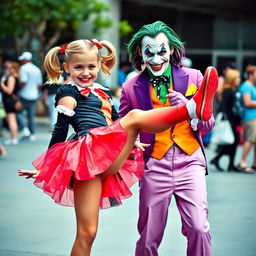 A young girl styled as Harley Quinn, wearing a playful micro skirt in vibrant red and black, playfully lifting her leg in a dynamic pose next to a man dressed as the Joker