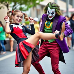 A young girl styled as Harley Quinn, wearing a playful micro skirt in vibrant red and black, playfully lifting her leg in a dynamic pose next to a man dressed as the Joker