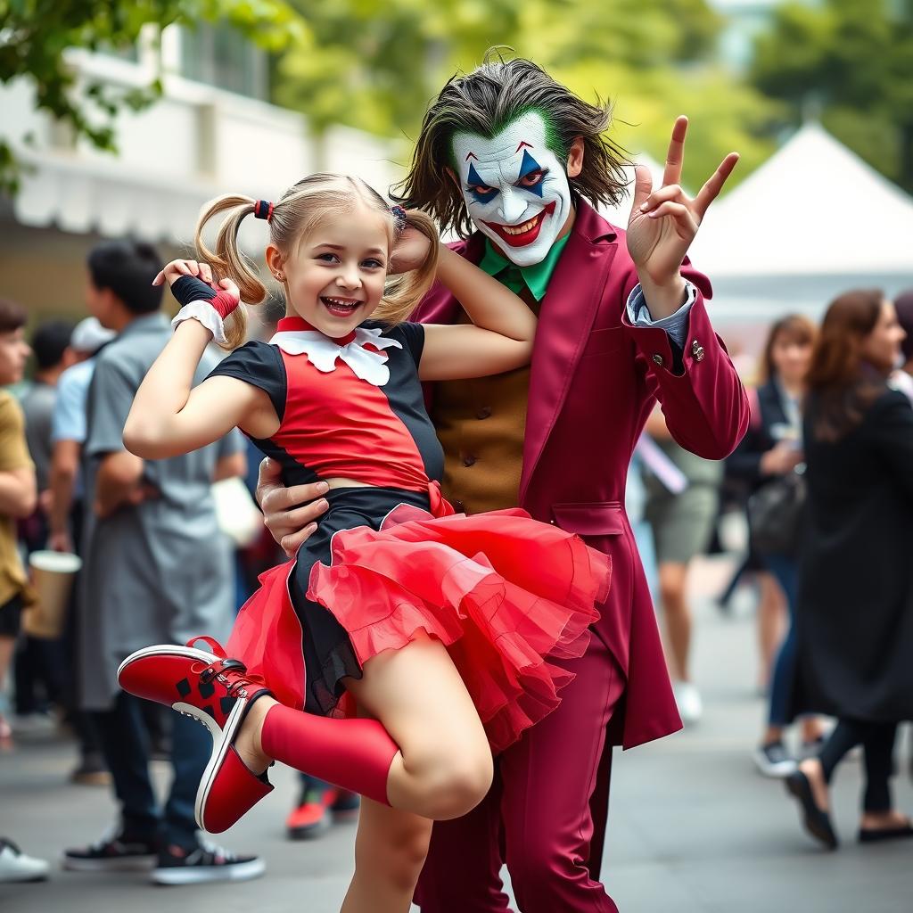 A young girl styled as Harley Quinn, wearing a playful micro skirt in vibrant red and black, playfully lifting her leg in a dynamic pose next to a man dressed as the Joker