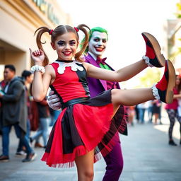 A young girl styled as Harley Quinn, wearing a playful micro skirt in vibrant red and black, playfully lifting her leg in a dynamic pose next to a man dressed as the Joker