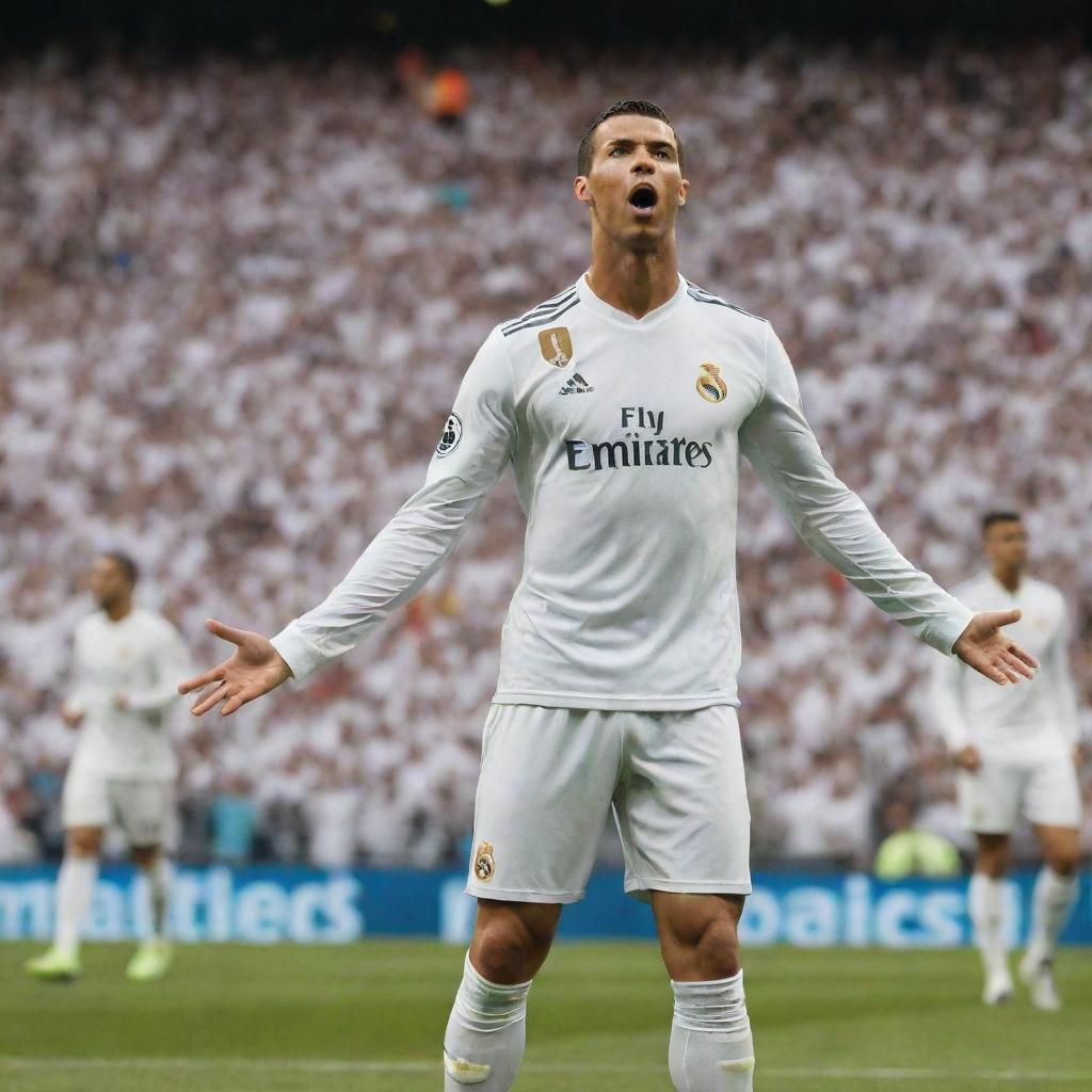 Cristiano Ronaldo in his Real Madrid jersey, about to strike a powerful free kick, with the Santiago Bernabeu Stadium filled with excited fans in the background.