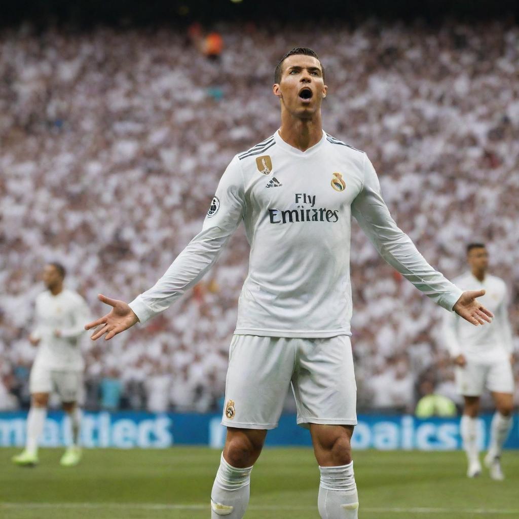 Cristiano Ronaldo in his Real Madrid jersey, about to strike a powerful free kick, with the Santiago Bernabeu Stadium filled with excited fans in the background.