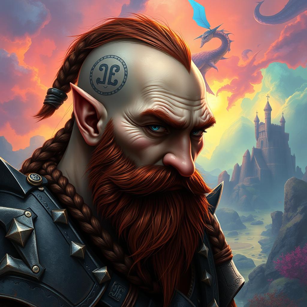 A tall dwarf with dark reddish-brown, slightly braided shaved hair and a braided beard, wearing spiked Viking armor without a helmet