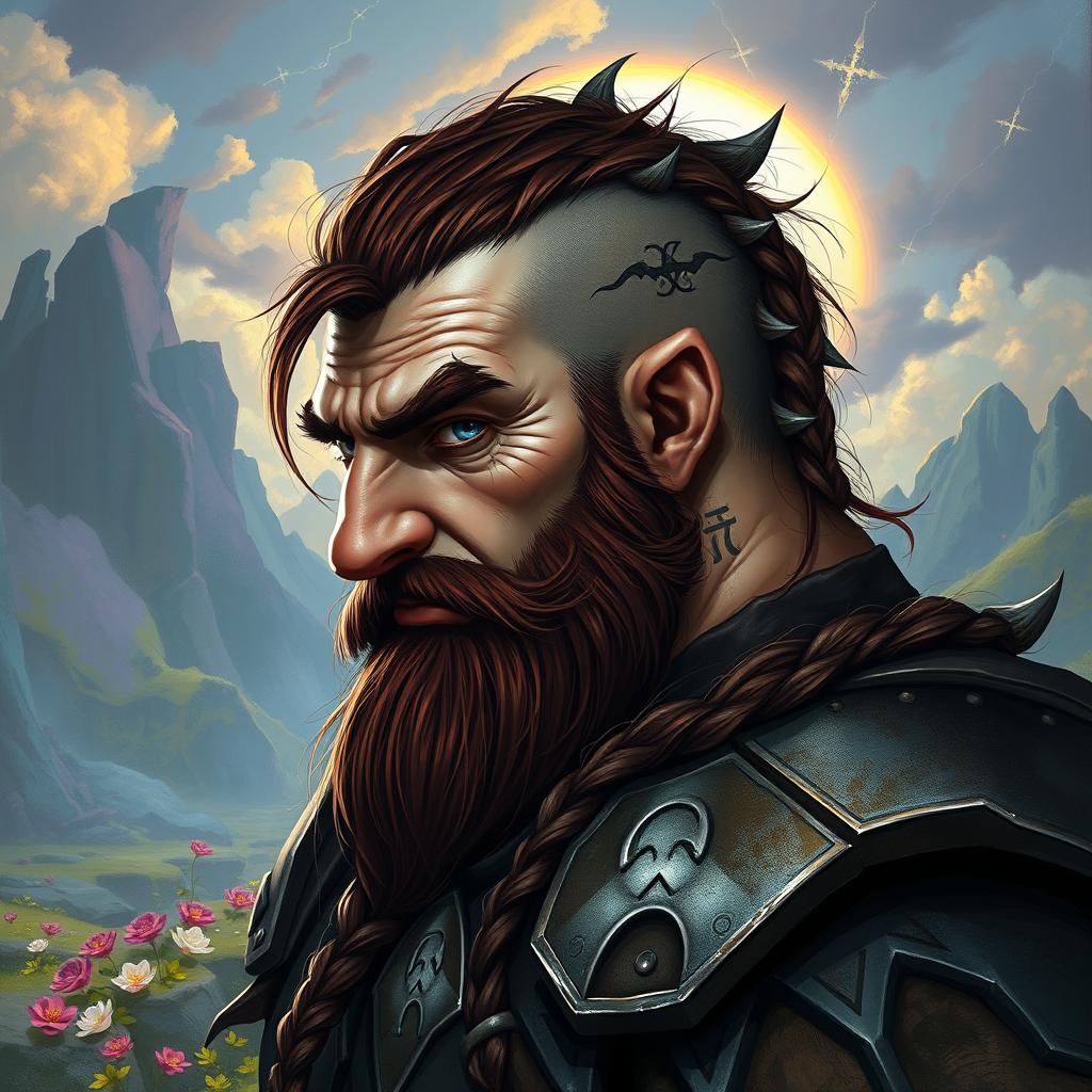 A tall dwarf with dark reddish-brown, slightly braided shaved hair and a braided beard, wearing spiked Viking armor without a helmet