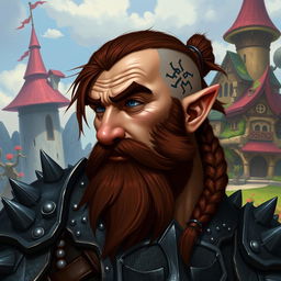 A tall dwarf with dark reddish-brown, slightly braided shaved hair and a braided beard, wearing spiked Viking armor without a helmet