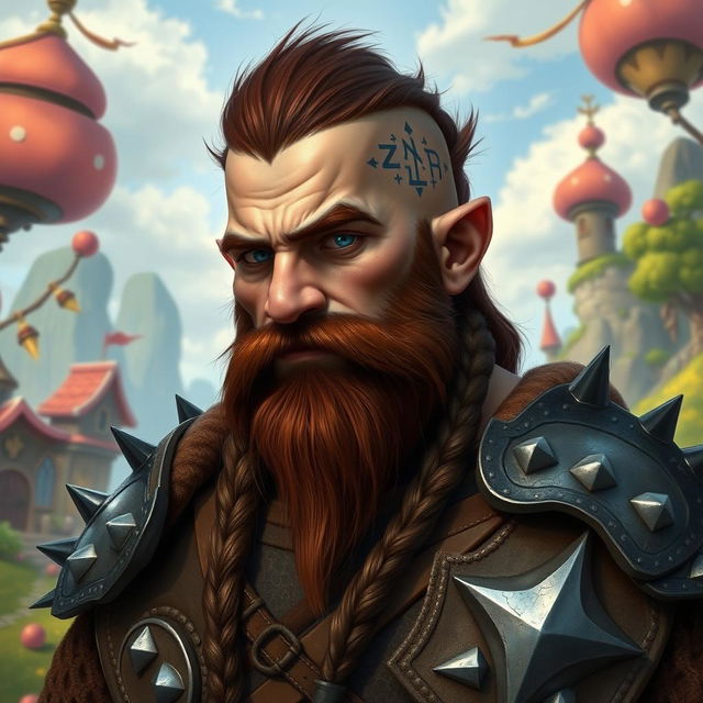 A tall dwarf with dark reddish-brown, slightly braided shaved hair and a braided beard, wearing spiked Viking armor without a helmet