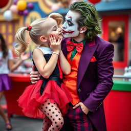 A young girl styled as Harley Quinn, wearing a playful micro skirt in vibrant red and black, sharing a sweet kiss with a man dressed as the Joker