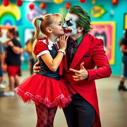 A young girl styled as Harley Quinn, wearing a playful micro skirt in vibrant red and black, sharing a sweet kiss with a man dressed as the Joker