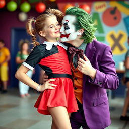 A young girl styled as Harley Quinn, wearing a playful micro skirt in vibrant red and black, sharing a sweet kiss with a man dressed as the Joker