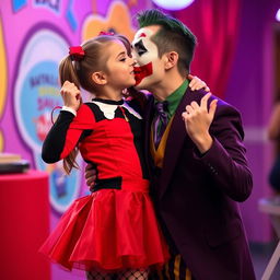 A young girl styled as Harley Quinn, wearing a playful micro skirt in vibrant red and black, sharing a sweet kiss with a man dressed as the Joker