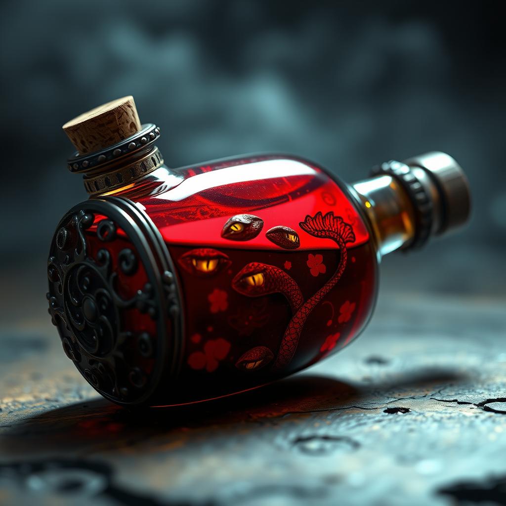 A mystical potion bottle filled with a glowing red liquid, featuring small yellow snake eyes peering out from within the potion