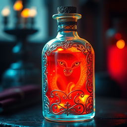 A mystical potion bottle filled with a glowing red liquid, featuring small yellow snake eyes peering out from within the potion