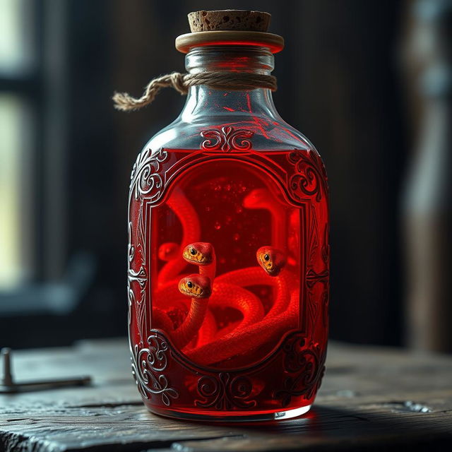 A mystical potion bottle filled with a glowing red liquid, featuring small yellow snake eyes peering out from within the potion