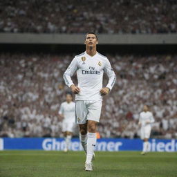 Cristiano Ronaldo in his Real Madrid jersey, about to strike a powerful free kick, with the Santiago Bernabeu Stadium filled with excited fans in the background.