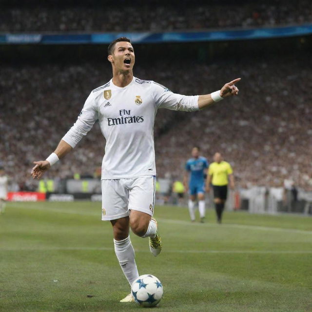 Cristiano Ronaldo in his Real Madrid jersey, about to strike a powerful free kick, with the Santiago Bernabeu Stadium filled with excited fans in the background.