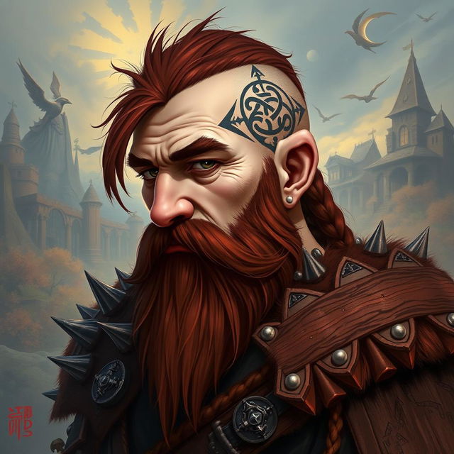 A tall dwarf with dark reddish-brown, slightly braided shaved hair and a braided beard, depicted in spiked Viking armor without a helmet