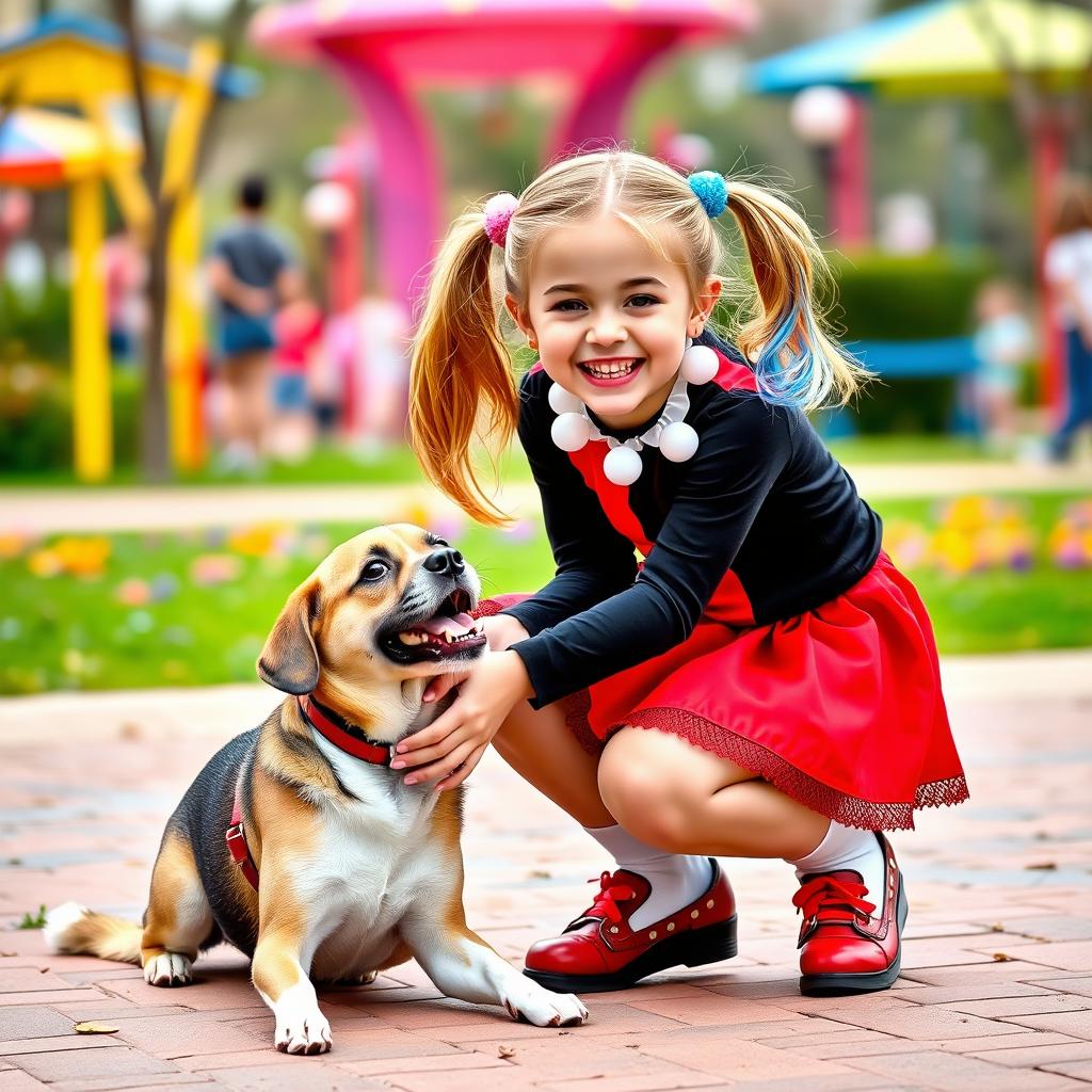 A young girl styled as Harley Quinn, wearing a playful micro skirt in vibrant red and black, joyfully playing with a dog while wearing a cute collar