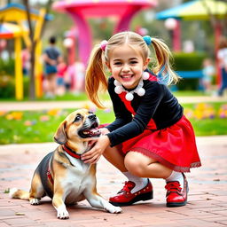 A young girl styled as Harley Quinn, wearing a playful micro skirt in vibrant red and black, joyfully playing with a dog while wearing a cute collar