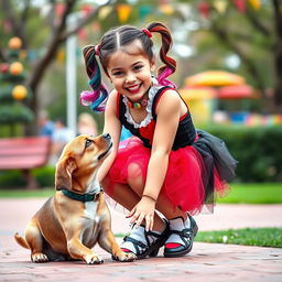 A young girl styled as Harley Quinn, wearing a playful micro skirt in vibrant red and black, joyfully playing with a dog while wearing a cute collar