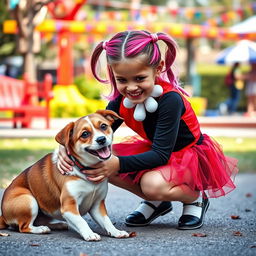 A young girl styled as Harley Quinn, wearing a playful micro skirt in vibrant red and black, joyfully playing with a dog while wearing a cute collar