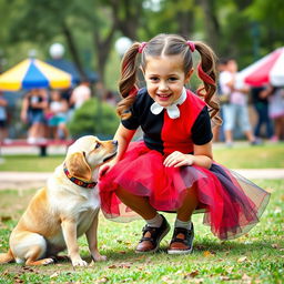 A young girl styled as Harley Quinn, wearing a playful micro skirt in vibrant red and black, joyfully playing with a dog while wearing a cute collar